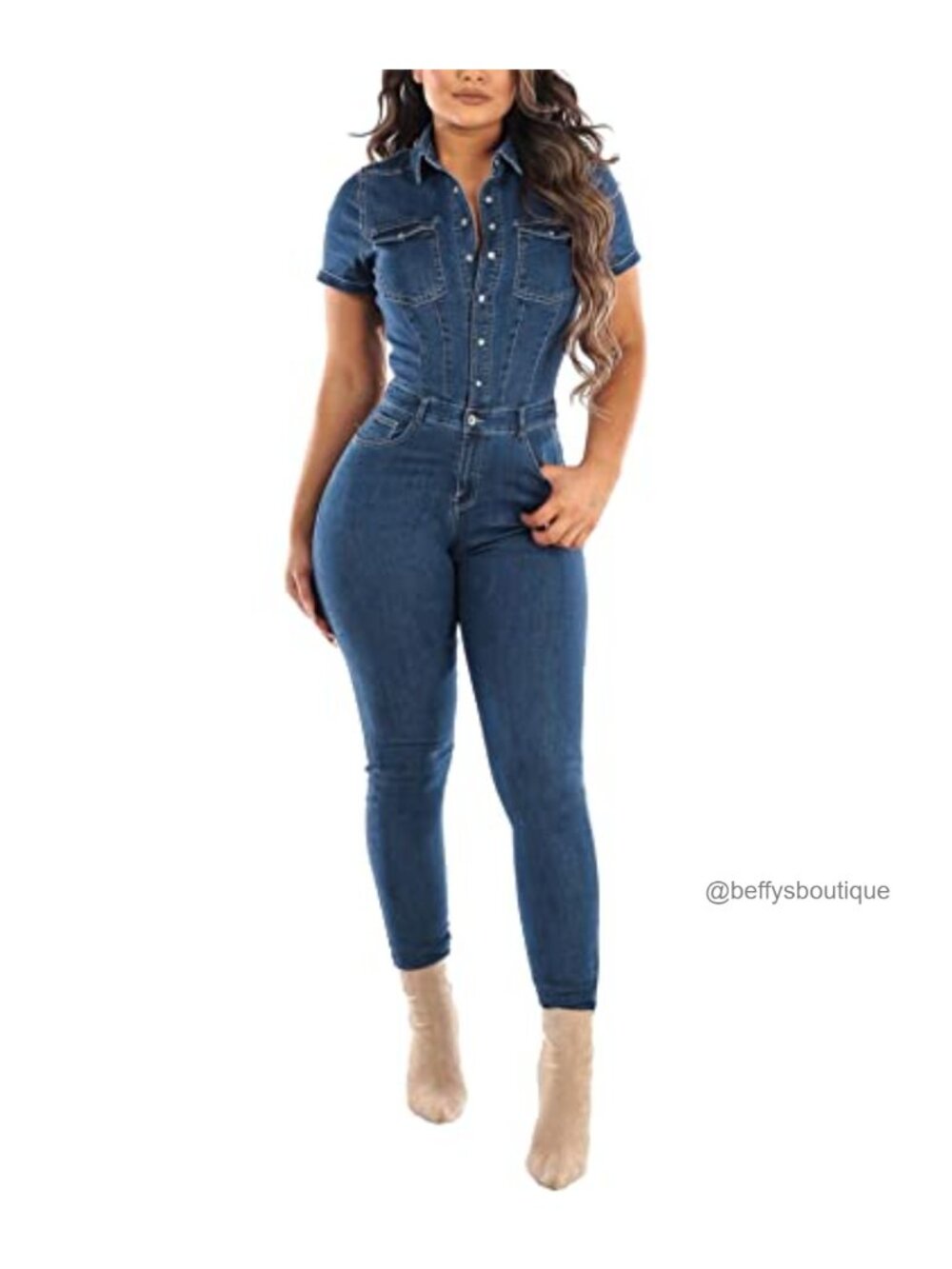 Denim Stretchy Bodycon Jumpsuit with Pockets